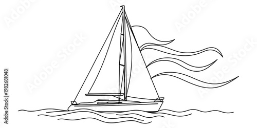 A simple black and white line drawing of a sailboat traveling across the ocean on a windy day