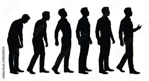 Human evolution silhouette of a businessman, sequence of man standing up and walking, progress and personal growth concept vector illustration