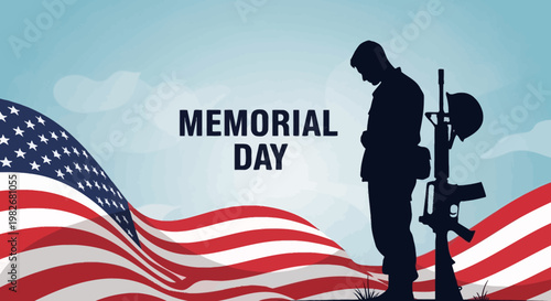 Memorial Day: Soldier Silhouette Bows Head Beside US Flag and Rifle