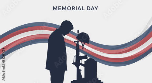 Memorial Day Soldier Silhouette Bows Head at Fallen Comrade's Rifle and Helmet