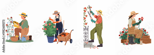 Set of flat illustrations featuring people gardening, pruning rose bushes, caring for plants, and arranging floral bouquets in a garden setting.