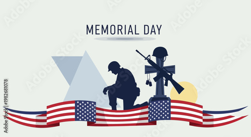 Memorial Day Soldier Silhouette Kneeling by Cross with Rifle and American Flags