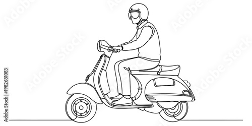 A single continuous line drawing of a person wearing a helmet riding a vintage motor scooter bike