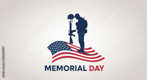 Memorial Day soldier silhouette praying over fallen comrade's rifle and helmet on American flag