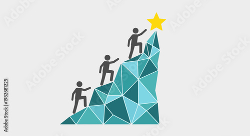 Silhouettes climbing geometric mountain towards golden star.