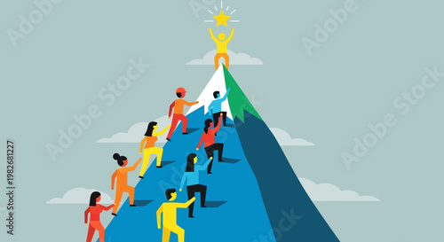 Diverse group of people climbing mountain towards star goal.
