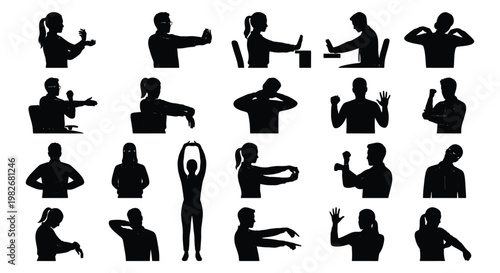 Ergonomic Office Stretching Silhouettes, Set of 20 Workplace Exercise Icons, People Doing Desk Yoga and Physical Therapy Movements, Black Vector Graphics