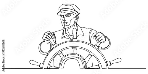 A detailed black and white line art illustration of a focused sailor steering a large ship wheel