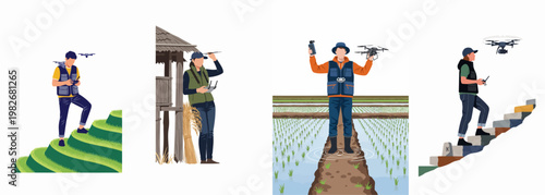 Set of illustrations featuring modern farmers using drone technology for agricultural monitoring and smart farming practices in various outdoor rural landscapes.