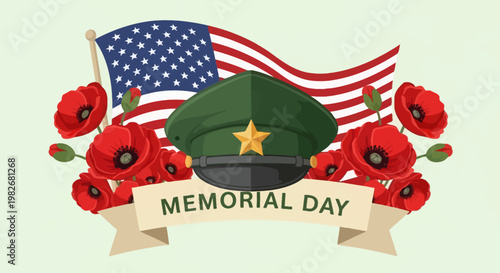 Memorial Day concept with American flag, military cap, and red poppies, honoring fallen soldiers.