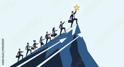 Team climbing mountain peak to achieve success holding star trophy.