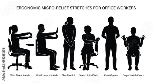 Ergonomic micro-relief stretches for office workers, black silhouette set of desk exercise poses, workplace wellness and physical therapy vector