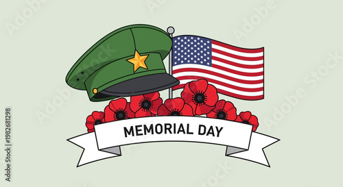 Memorial Day illustration: US flag, military cap, poppies, and banner