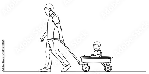 A father walking and pulling his small happy child in a red wagon on a sunny day at the park