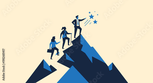 Team climbing mountain reaching success stars achievement.