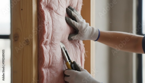 Builders gloved hands carefully cut pink thermal insulation within wooden wall studs