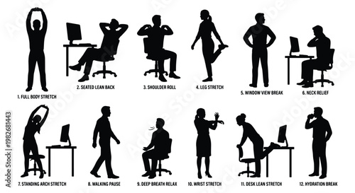 Office stretching silhouettes set, 12 workplace exercise icons for desk health, ergonomic office break poses, corporate wellness and physical therapy vector
