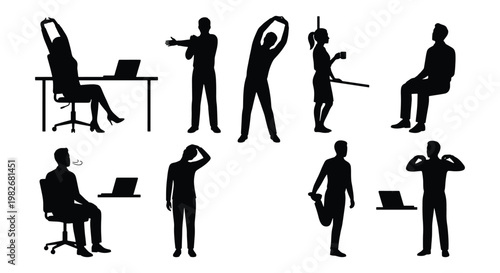 Office stretching silhouettes set, business people doing desk exercises and gym workouts at work, ergonomic health and wellness vector collection