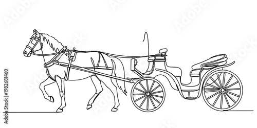 A detailed line drawing of a horse pulling a vintage carriage along a flat horizontal ground line.