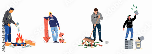 Collection of illustrations representing financial loss, wasting money, and high burn rate concepts in the startup and tech industry.