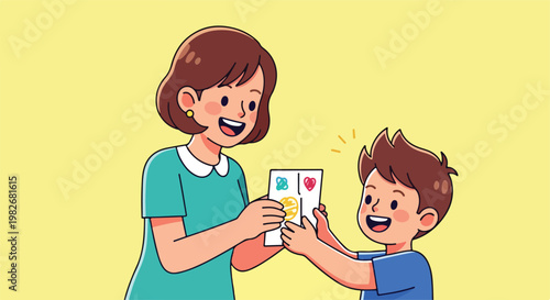Woman and boy trading cards.