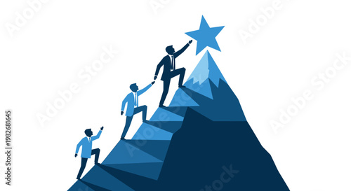 Teamwork and leadership climbing mountain to reach star goal.