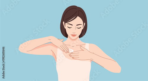 Young woman gently applies soothing cream to her chest, practicing daily self-care and maintaining skin health with a topical moisturizer for comfort and wellness in a clean, minimalist setting