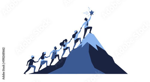 Teamwork and leadership climbing mountain to reach star goal.