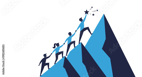Teamwork and success climbing mountain peak together reaching star.