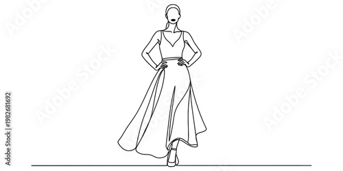 A minimalist black and white line drawing of a woman standing in a flowing long evening dress.