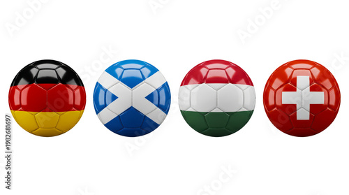 Set of soccer balls with flags of germany, scotland, hungary and switzerland isolated on transparent background