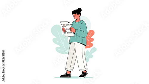 Woman checking checklist on clipboard, modern illustration, task management concept
