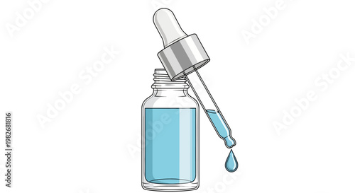 Close up of a dropper with blue liquid being dispensed into a glass bottle, representing science and research