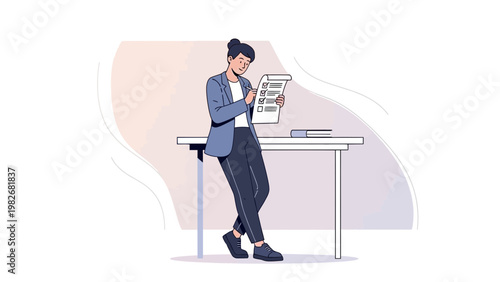 Woman checking checklist on clipboard, standing at desk, business concept illustration