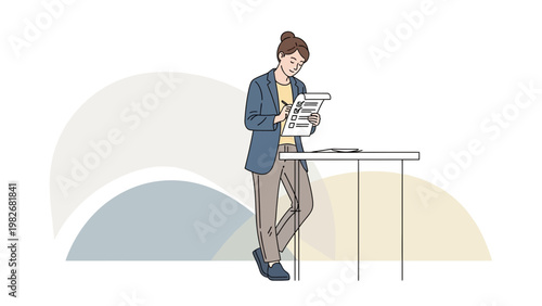 Woman checking checklist on clipboard, standing at table, minimalist illustration