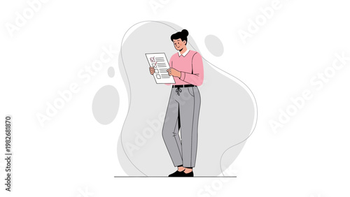 Woman checking checklist, modern illustration, pink sweater, grey pants, task completion concept