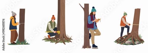 Forestry professionals measuring tree diameter with calipers and tape measures while recording data, flat vector illustration isolated on white background.