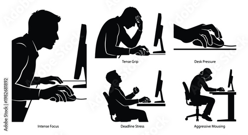 Workplace stress silhouettes, office burnout and deadline pressure vector set, employee frustration and intense focus icons for business mental health