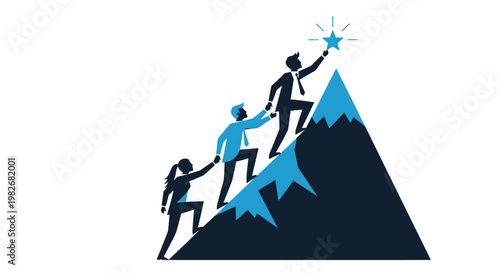 Teamwork Climbing Mountain Reaching Star Symbolizing Success.
