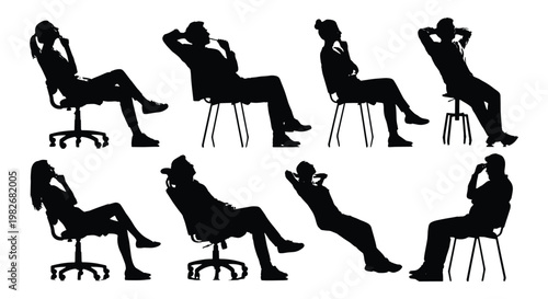 Relaxed business people silhouettes sitting in office chairs, set of 8 professional figures resting, corporate employees taking a break