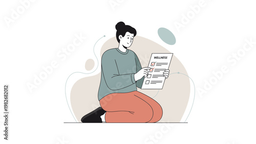 Woman checking wellness checklist, healthy lifestyle concept illustration