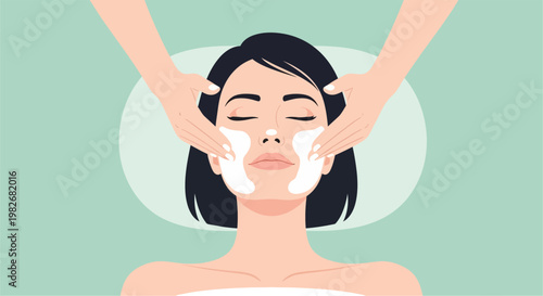 Relaxing facial massage with moisturizer cream applied to the cheeks and forehead, close-up view of woman receiving skincare treatment