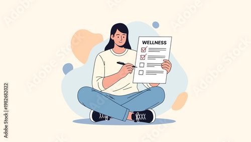 Woman checking wellness checklist, healthy lifestyle concept, self-care, wellbeing