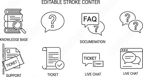 Customer support knowledge base documentation FAQ ticket live chat help center outline editable stroke vector icon set
