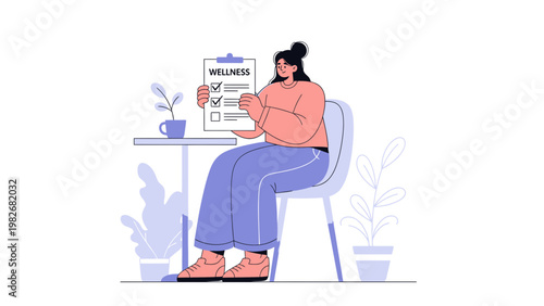 Woman checks wellness list on clipboard, healthy lifestyle concept