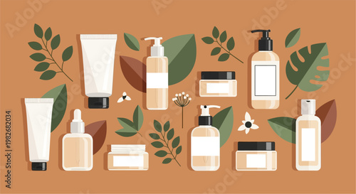 Flat lay illustration of natural organic cosmetic products and skincare essentials with botanical leaves, emphasizing eco-friendly beauty and wellness routines on a warm background