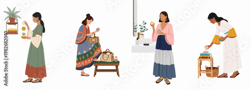 Illustration of diverse women using zero-waste solid beauty products, highlighting eco-friendly lifestyle choices in various daily routines and home environments.