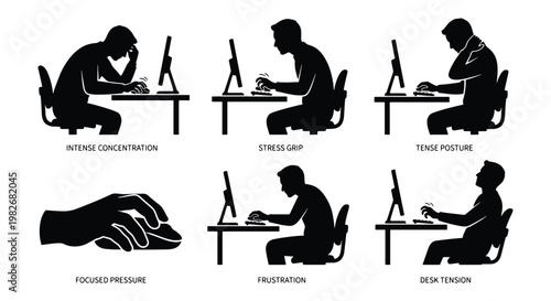 Workplace stress and bad posture silhouettes, office worker frustration and desk tension icons, set of 6 ergonomic health vector elements