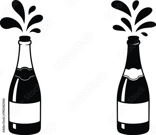 Champagne bottle celebration vector set, illustrations of bottle opening with splashing liquid and bubbles, perfect for party, event, and festive decoration designs.