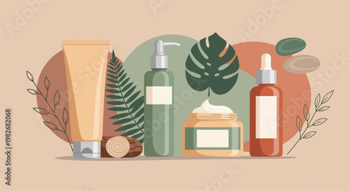 Various cosmetic products and natural elements, a clean and refreshing beauty concept illustration